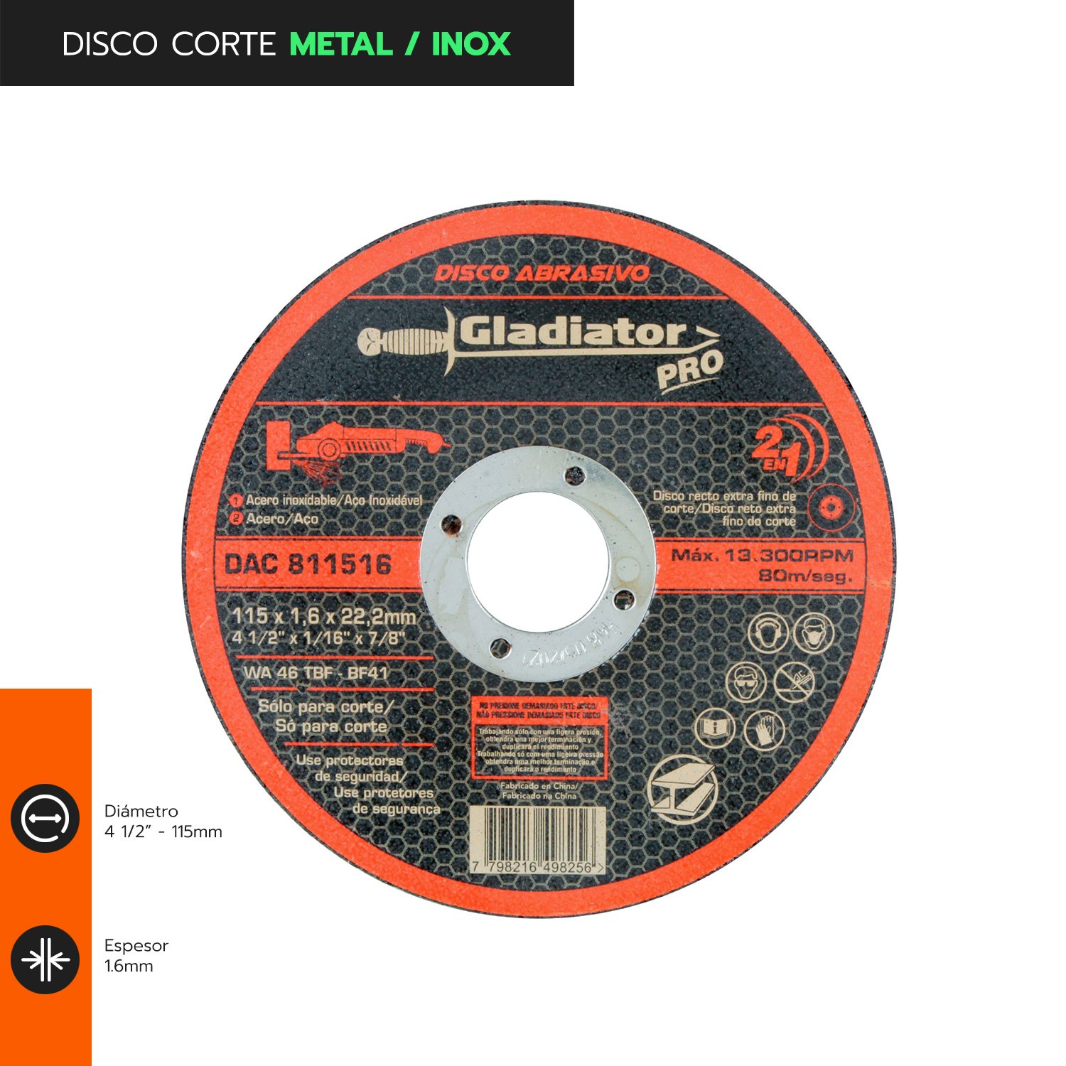 Disco corte 4 1/2′ x 1,6mm metal/inox dac 811516