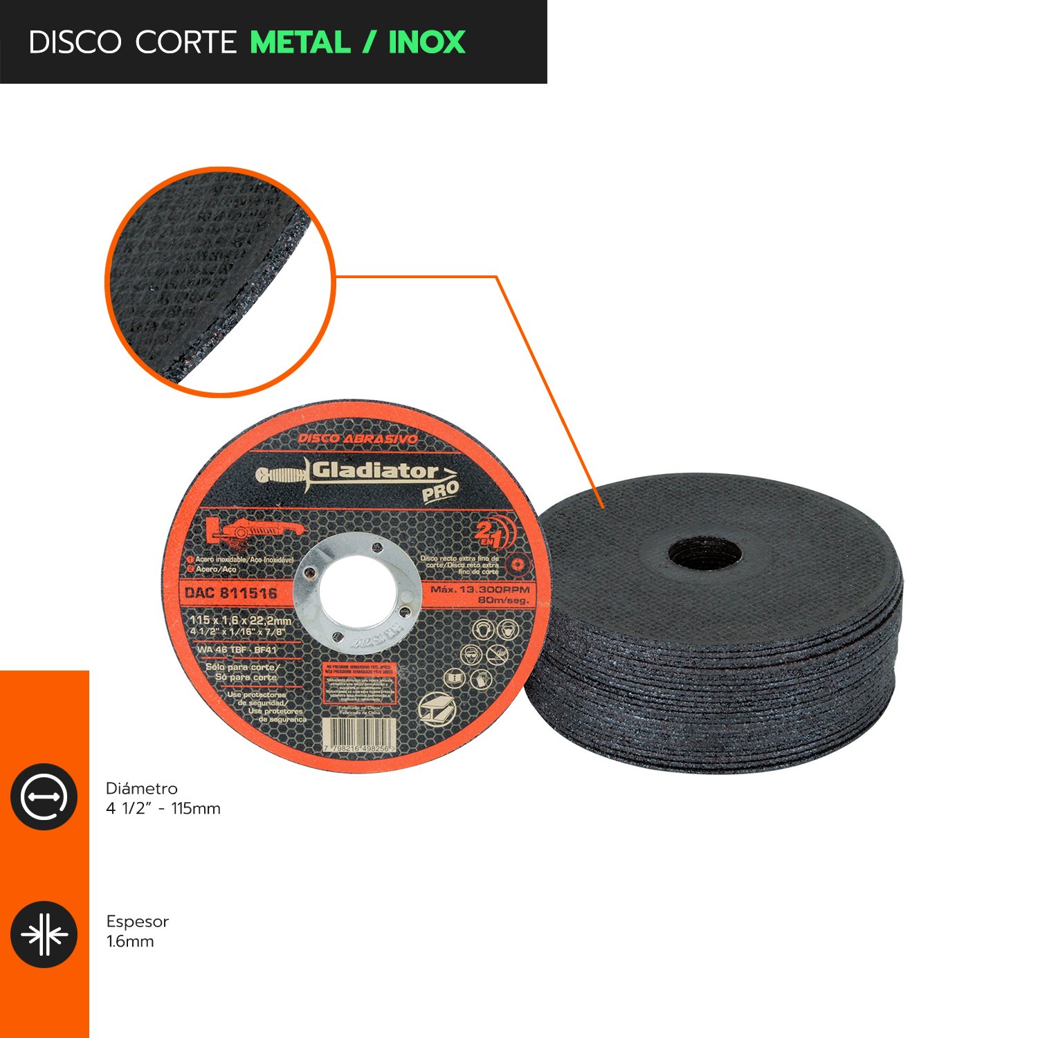 DISCO CORTE 4 1/2' X 1,6MM METAL/INOX DAC 811516 - Imagen 2