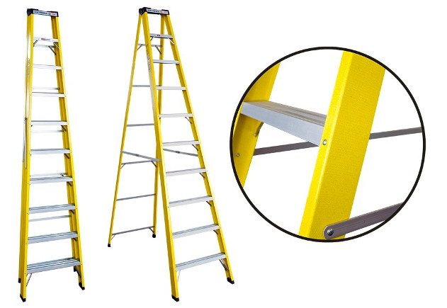 Escalera fibra vidrio tijera 9 peldaños 3 mts (util2.72 mts)
