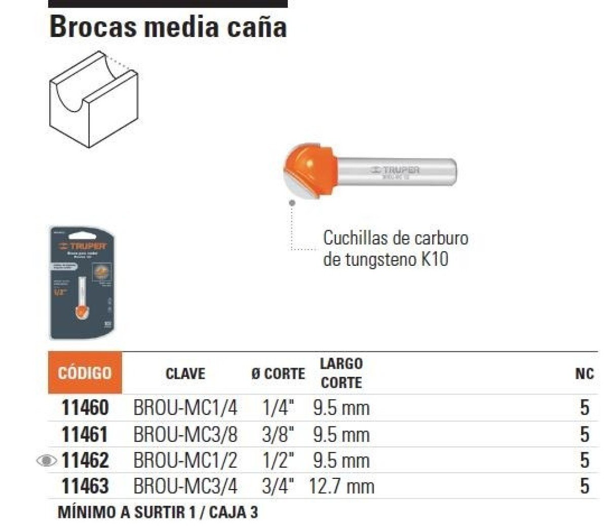 Fresa 11463 media caña 3/4’x1/2′ truper