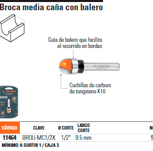 Fresa 11464 media caña con balero 1/2’x3/8′ truper