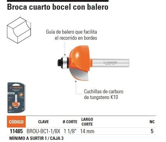 Fresa 11485 cuarto bocel 1 1/8’x9/16′ truper